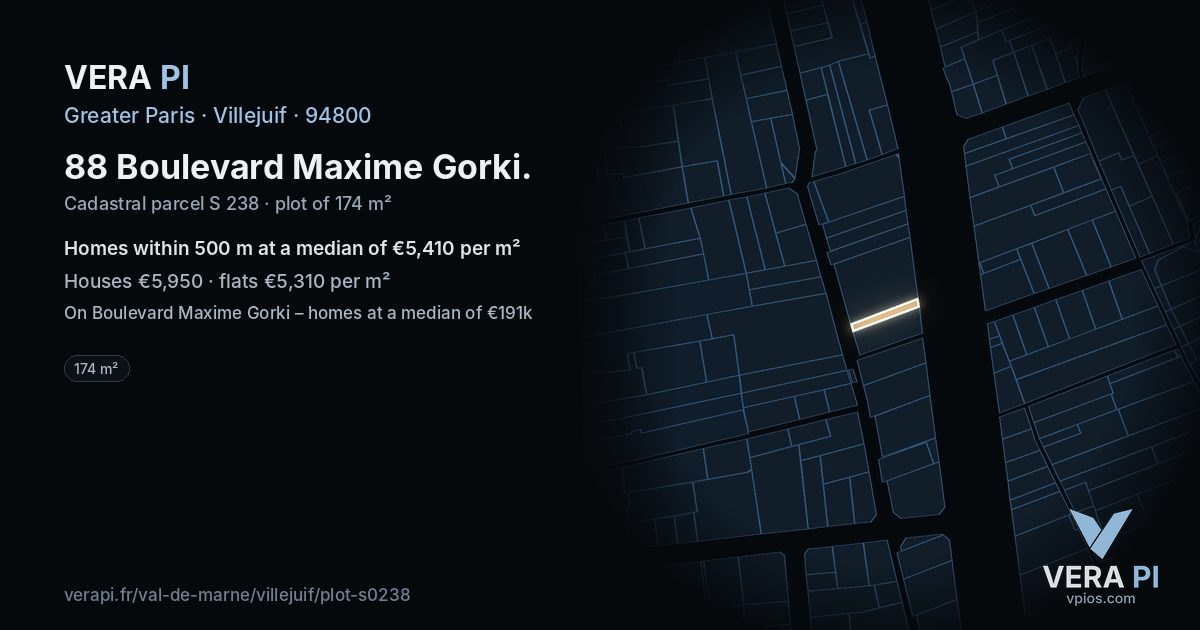 88 Boulevard Maxime Gorki, Villejuif at night – the plot lit, the parcels around coloured by the prices near them