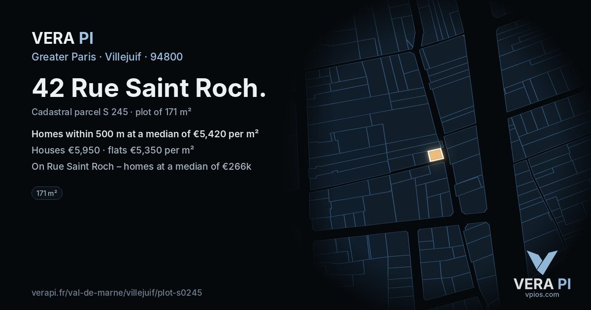42 Rue Saint Roch, Villejuif at night – the plot lit, the parcels around coloured by the prices near them