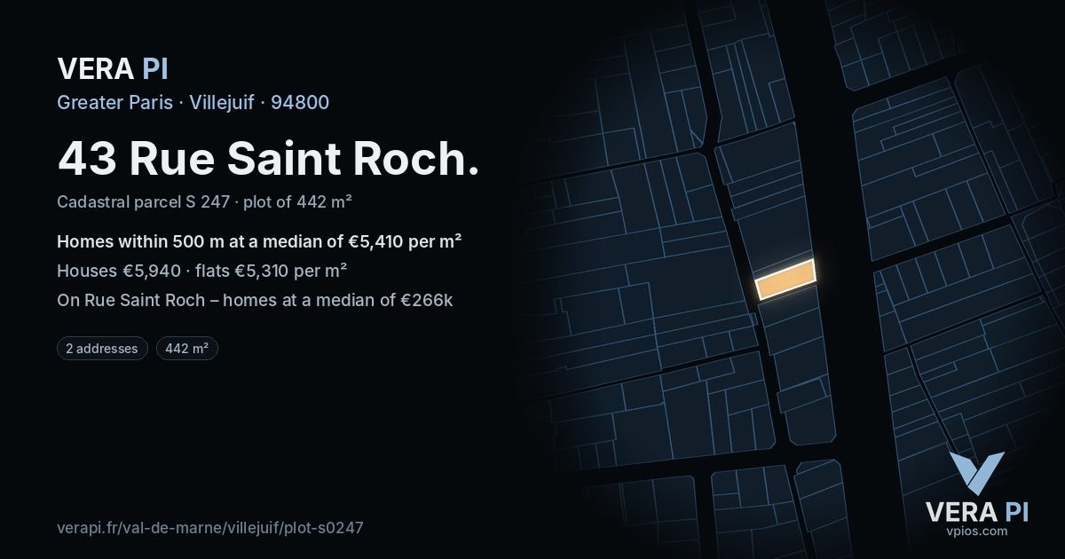 43 Rue Saint Roch, Villejuif at night – the plot lit, the parcels around coloured by the prices near them