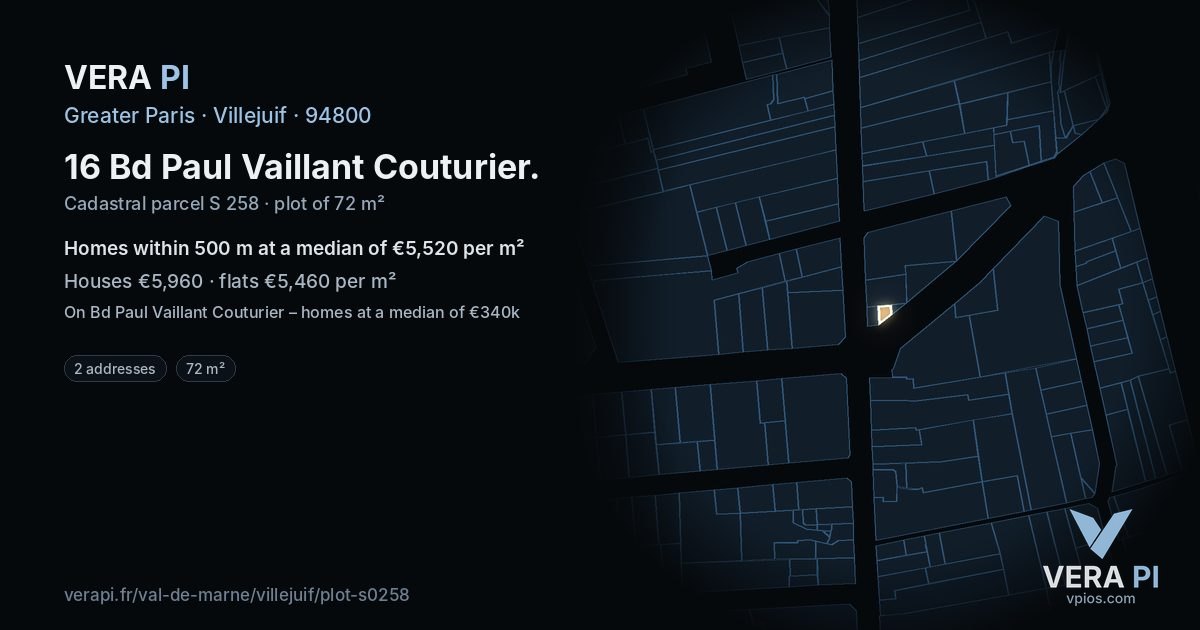 16 Bd Paul Vaillant Couturier, Villejuif at night – the plot lit, the parcels around coloured by the prices near them
