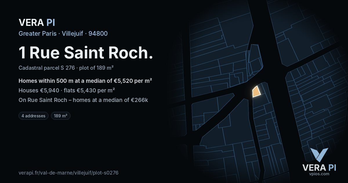 1 Rue Saint Roch, Villejuif at night – the plot lit, the parcels around coloured by the prices near them
