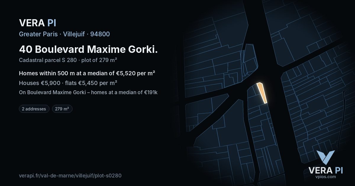 40 Boulevard Maxime Gorki, Villejuif at night – the plot lit, the parcels around coloured by the prices near them