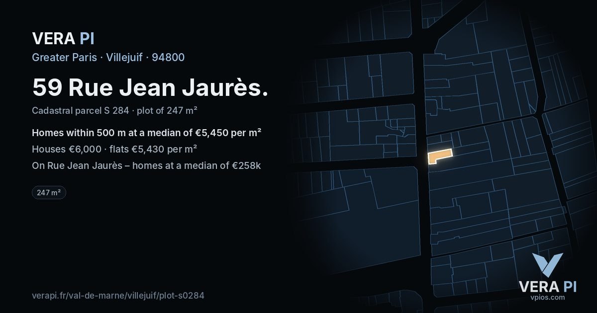 59 Rue Jean Jaurès, Villejuif at night – the plot lit, the parcels around coloured by the prices near them