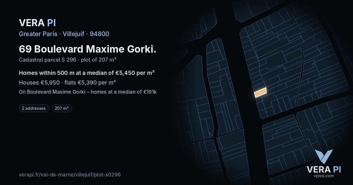 69 Boulevard Maxime Gorki, Villejuif at night – the plot lit, the parcels around coloured by the prices near them