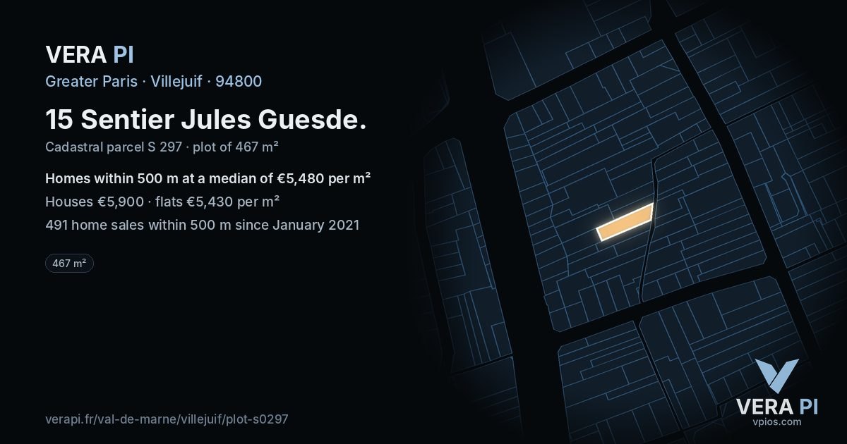 15 Sentier Jules Guesde, Villejuif at night – the plot lit, the parcels around coloured by the prices near them