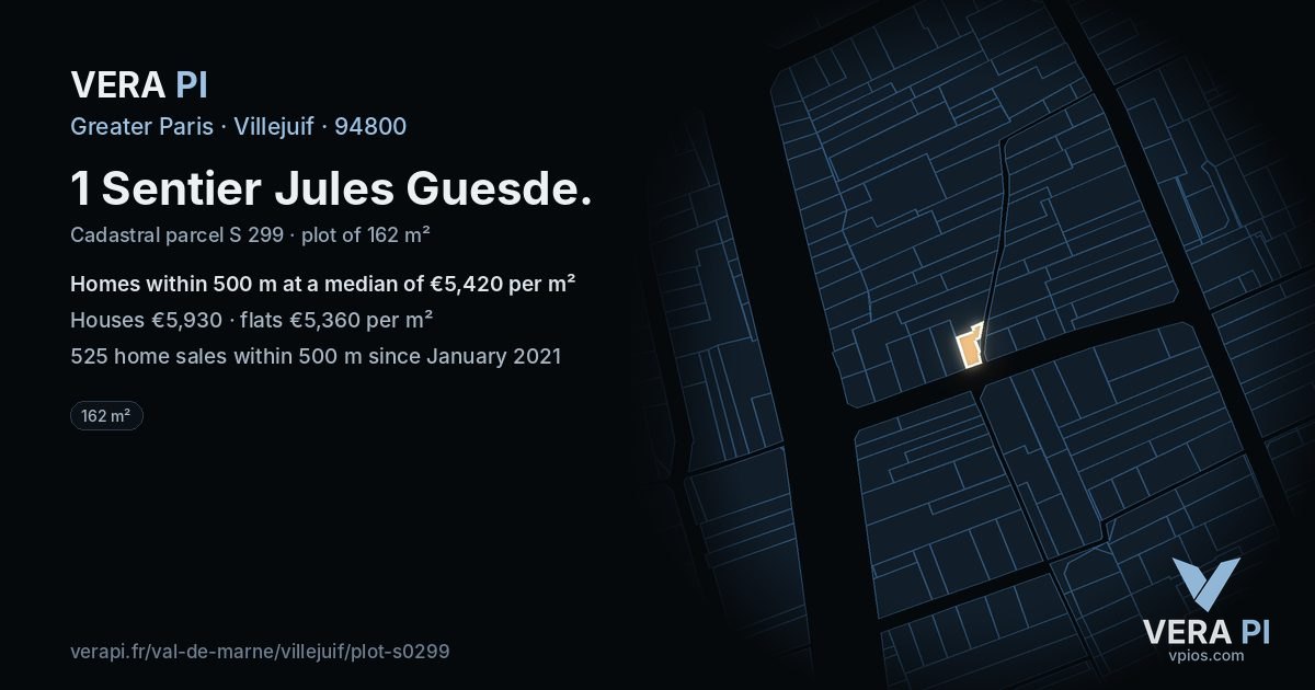 1 Sentier Jules Guesde, Villejuif at night – the plot lit, the parcels around coloured by the prices near them