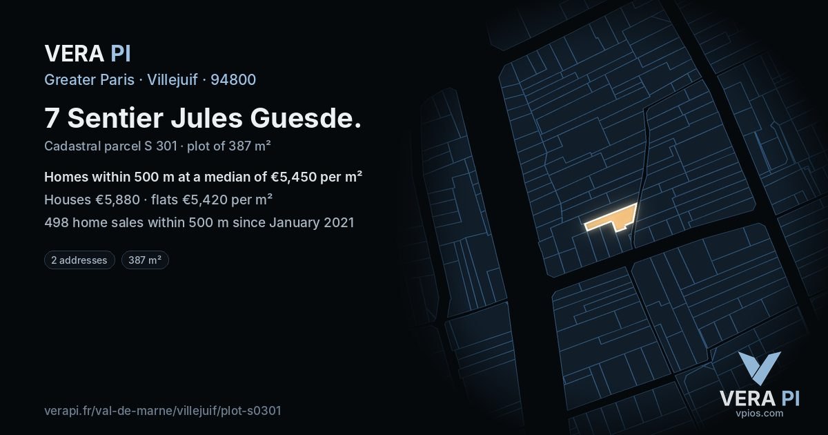 7 Sentier Jules Guesde, Villejuif at night – the plot lit, the parcels around coloured by the prices near them