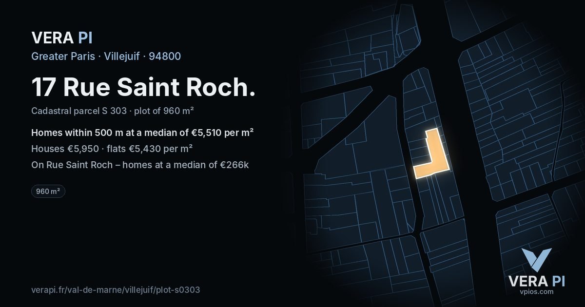 17 Rue Saint Roch, Villejuif at night – the plot lit, the parcels around coloured by the prices near them