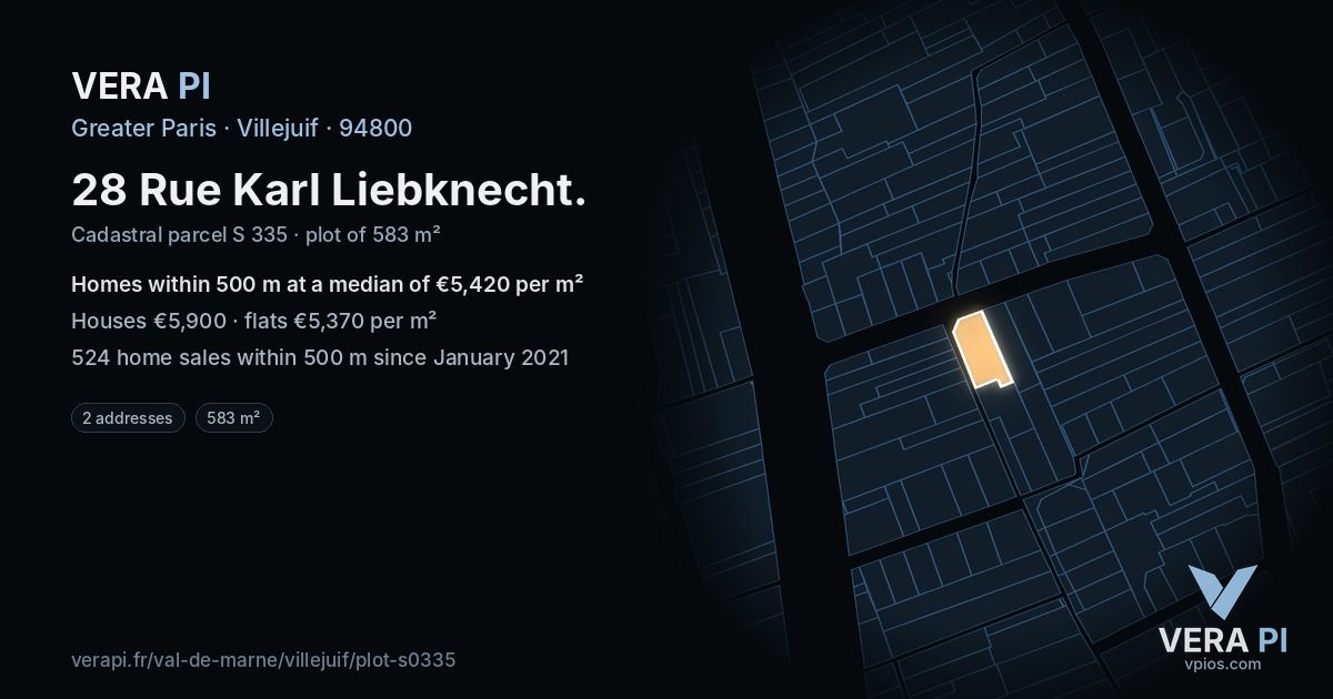 28 Rue Karl Liebknecht, Villejuif at night – the plot lit, the parcels around coloured by the prices near them