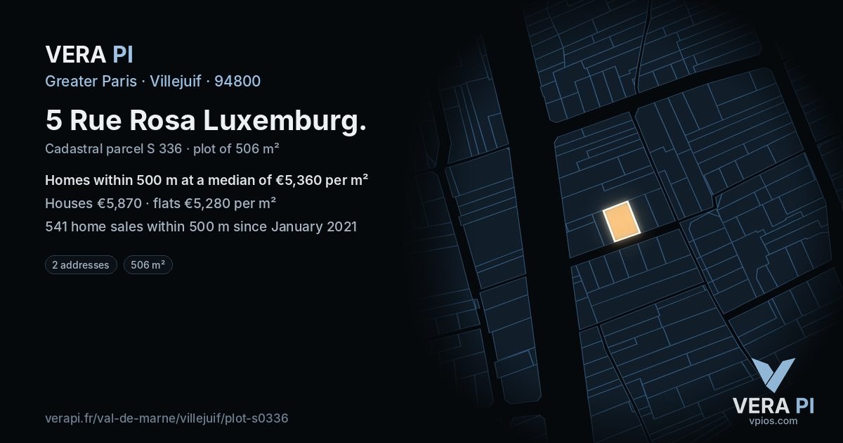 5 Rue Rosa Luxemburg, Villejuif at night – the plot lit, the parcels around coloured by the prices near them