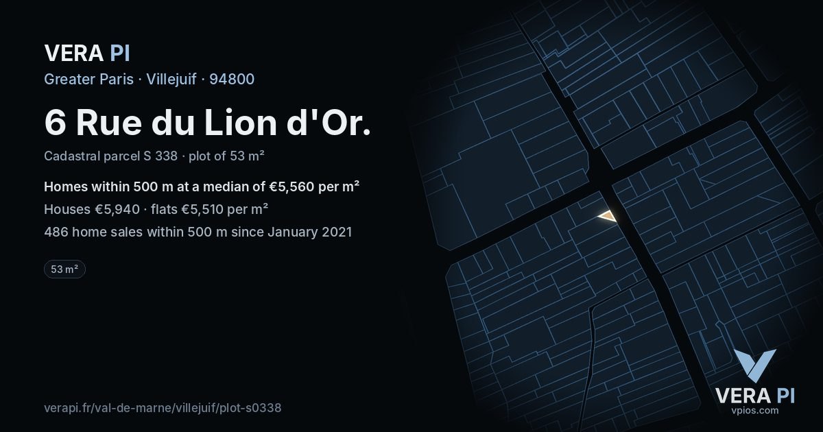 6 Rue du Lion d'Or, Villejuif at night – the plot lit, the parcels around coloured by the prices near them