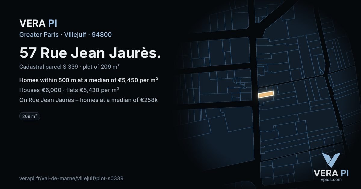 57 Rue Jean Jaurès, Villejuif at night – the plot lit, the parcels around coloured by the prices near them