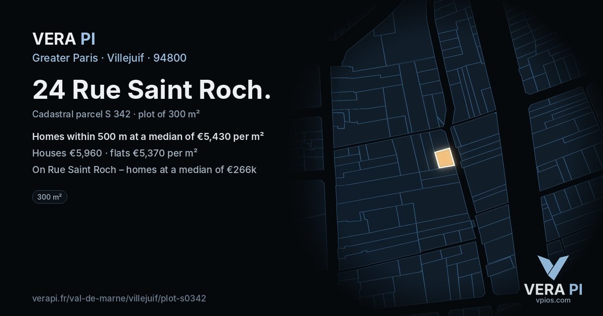 24 Rue Saint Roch, Villejuif at night – the plot lit, the parcels around coloured by the prices near them
