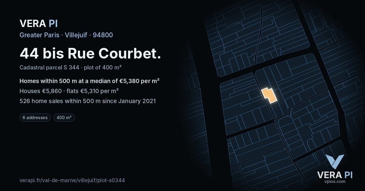 44 bis Rue Courbet, Villejuif at night – the plot lit, the parcels around coloured by the prices near them