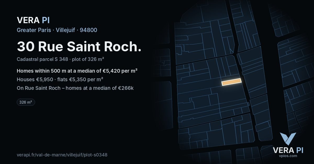 30 Rue Saint Roch, Villejuif at night – the plot lit, the parcels around coloured by the prices near them
