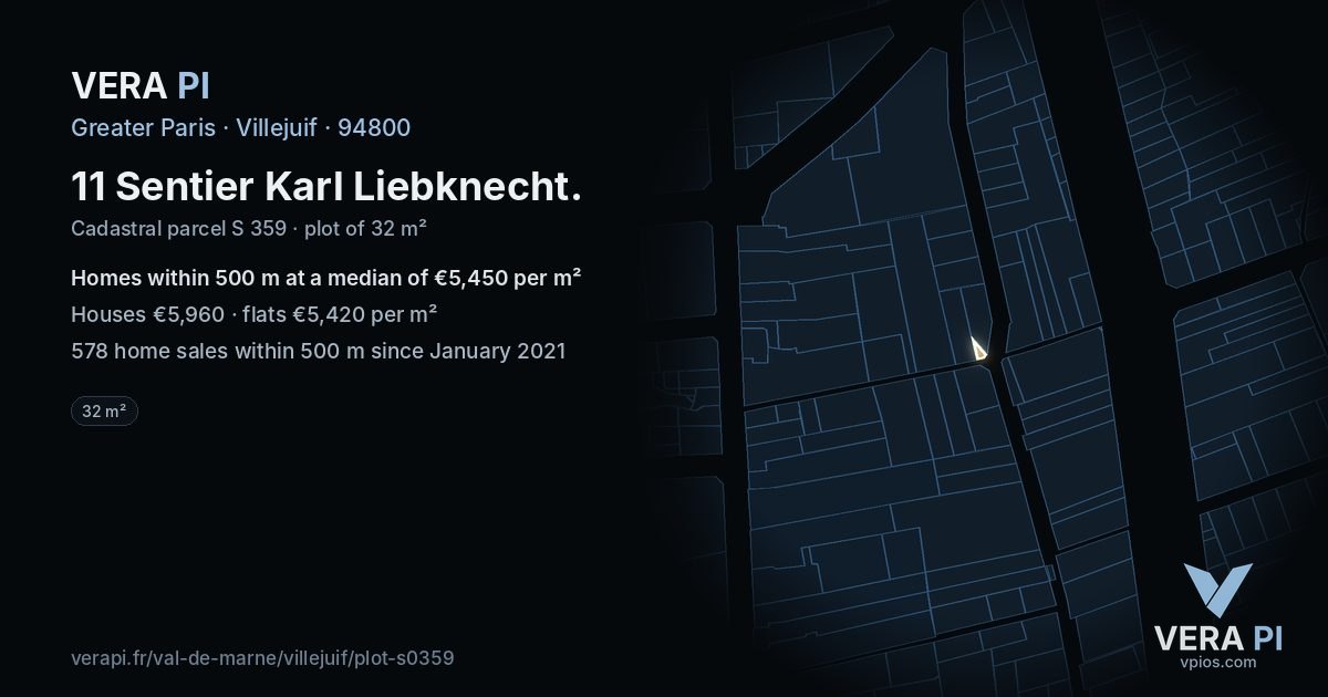 11 Sentier Karl Liebknecht, Villejuif at night – the plot lit, the parcels around coloured by the prices near them