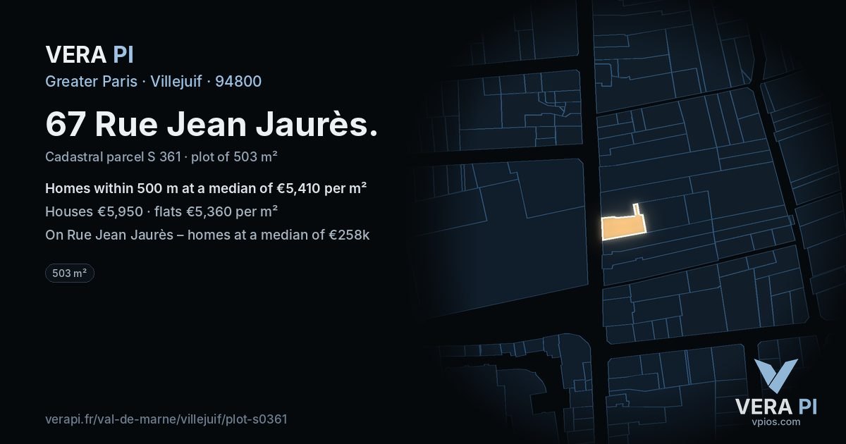 67 Rue Jean Jaurès, Villejuif at night – the plot lit, the parcels around coloured by the prices near them