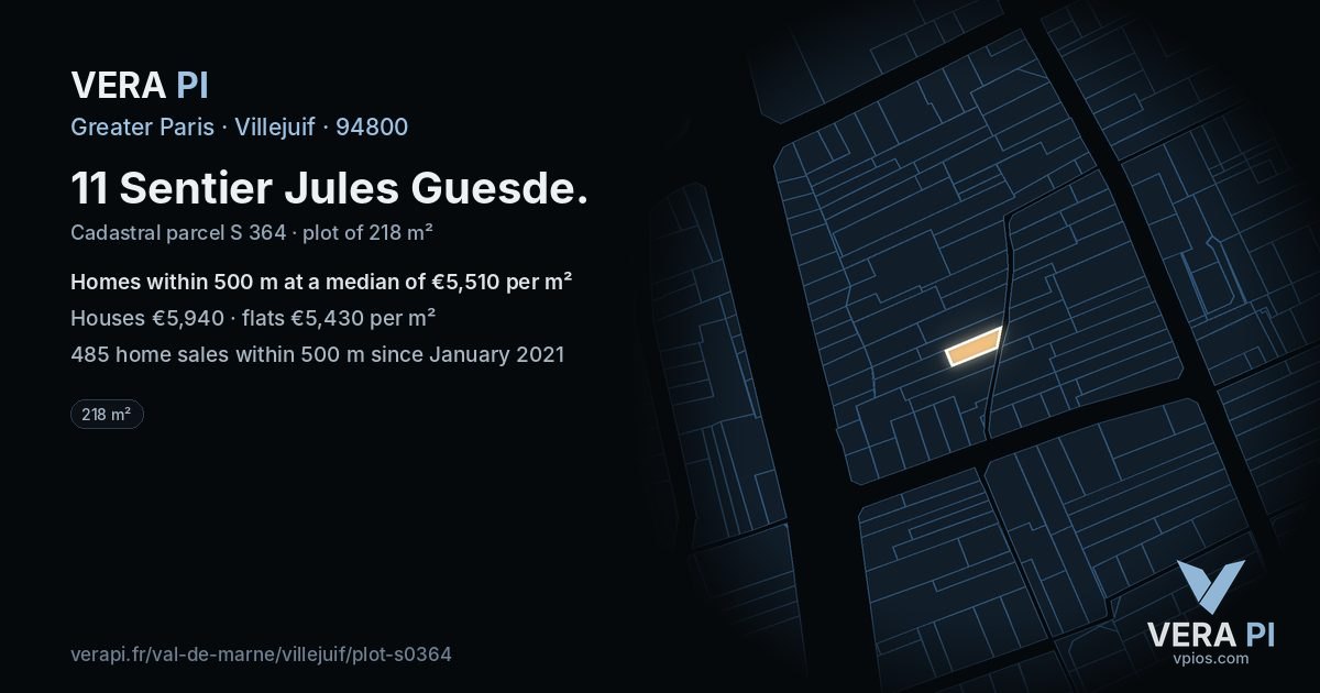 11 Sentier Jules Guesde, Villejuif at night – the plot lit, the parcels around coloured by the prices near them
