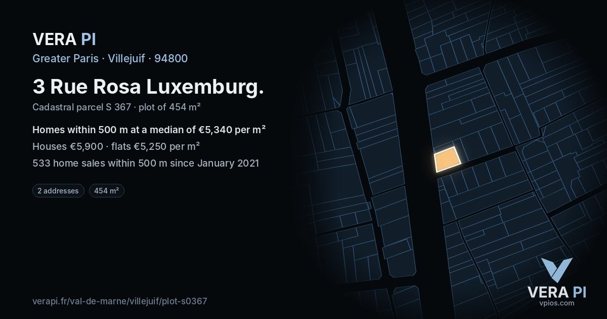 3 Rue Rosa Luxemburg, Villejuif at night – the plot lit, the parcels around coloured by the prices near them