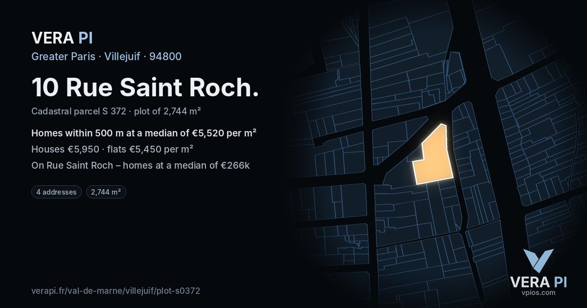 10 Rue Saint Roch, Villejuif at night – the plot lit, the parcels around coloured by the prices near them