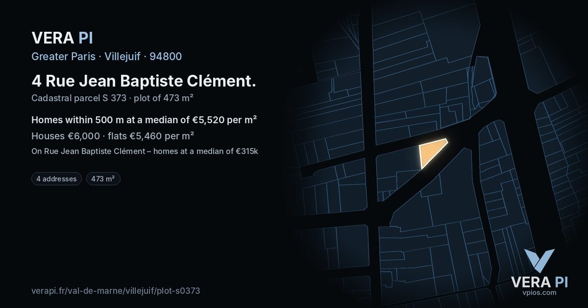 4 Rue Jean Baptiste Clément, Villejuif at night – the plot lit, the parcels around coloured by the prices near them
