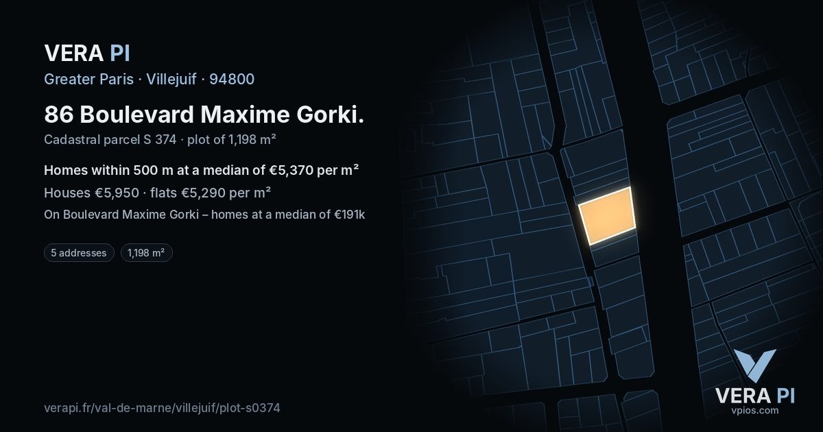 86 Boulevard Maxime Gorki, Villejuif at night – the plot lit, the parcels around coloured by the prices near them