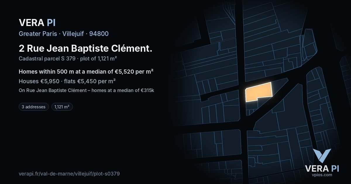 2 Rue Jean Baptiste Clément, Villejuif at night – the plot lit, the parcels around coloured by the prices near them