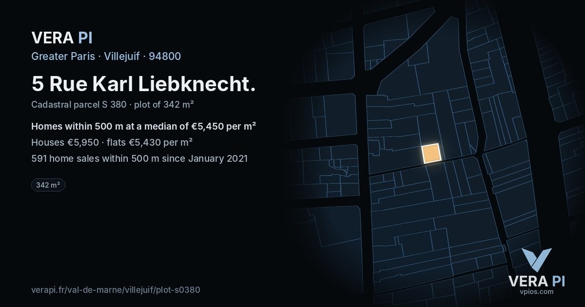 5 Rue Karl Liebknecht, Villejuif at night – the plot lit, the parcels around coloured by the prices near them