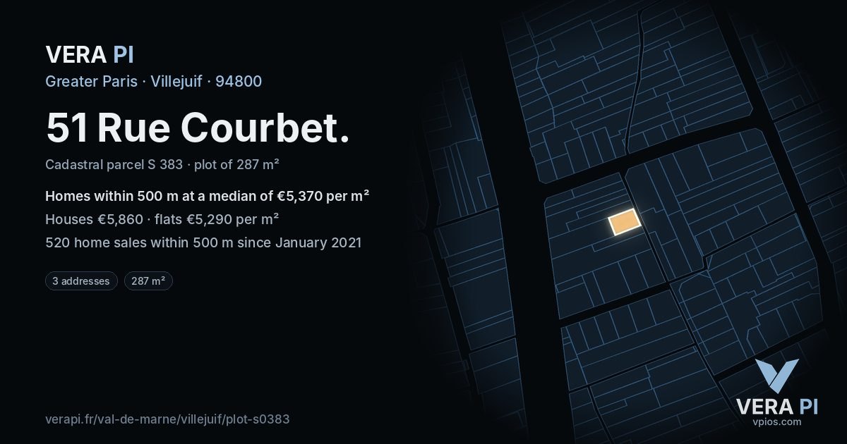 51 Rue Courbet, Villejuif at night – the plot lit, the parcels around coloured by the prices near them