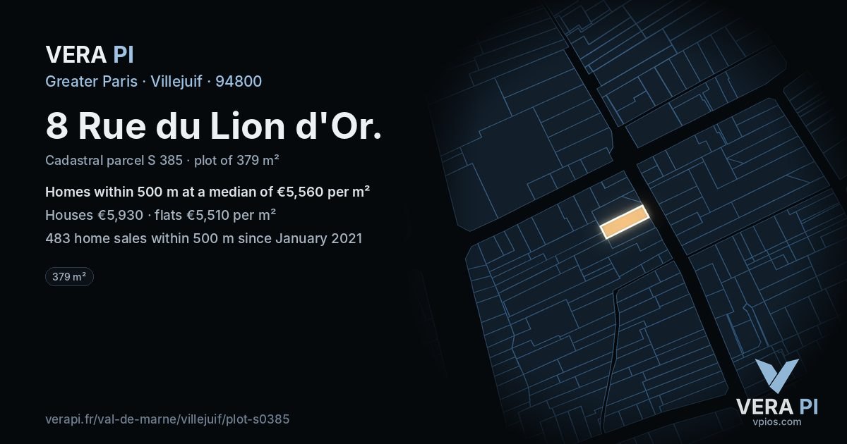 8 Rue du Lion d'Or, Villejuif at night – the plot lit, the parcels around coloured by the prices near them
