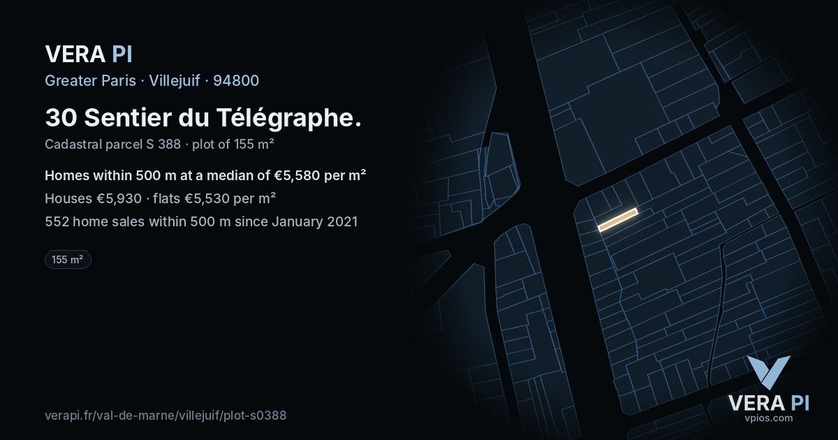 30 Sentier du Télégraphe, Villejuif at night – the plot lit, the parcels around coloured by the prices near them