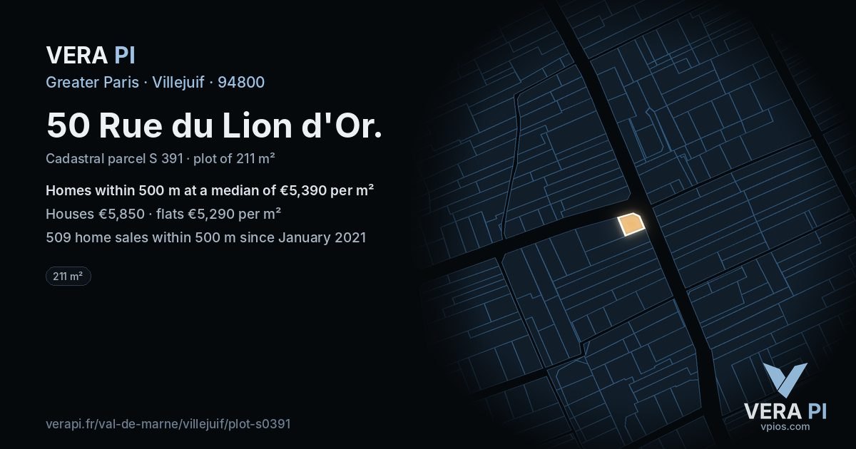 50 Rue du Lion d'Or, Villejuif at night – the plot lit, the parcels around coloured by the prices near them