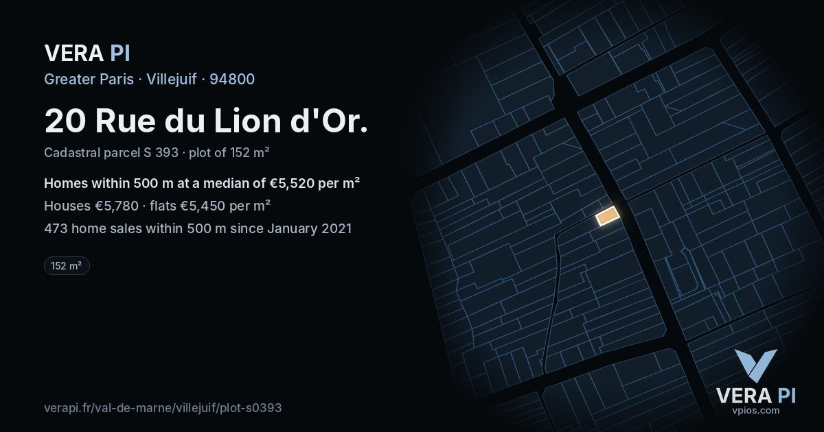 20 Rue du Lion d'Or, Villejuif at night – the plot lit, the parcels around coloured by the prices near them