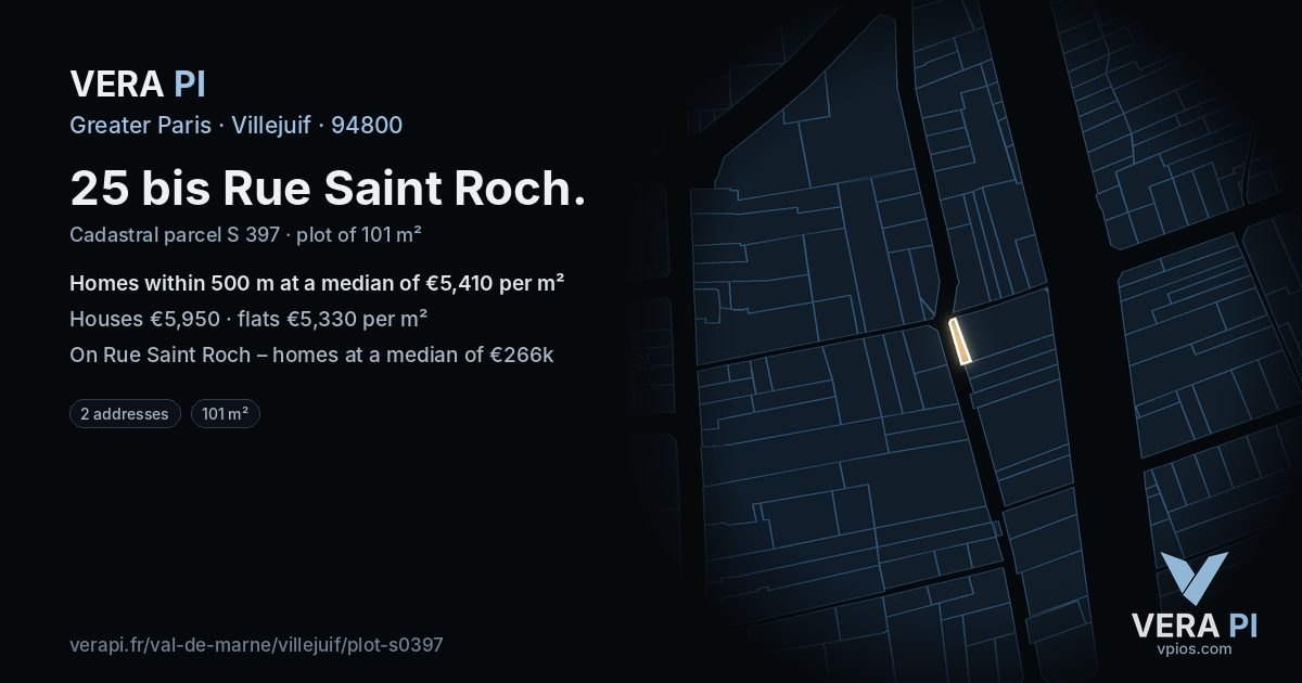 25 bis Rue Saint Roch, Villejuif at night – the plot lit, the parcels around coloured by the prices near them
