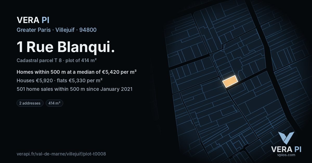 1 Rue Blanqui, Villejuif at night – the plot lit, the parcels around coloured by the prices near them