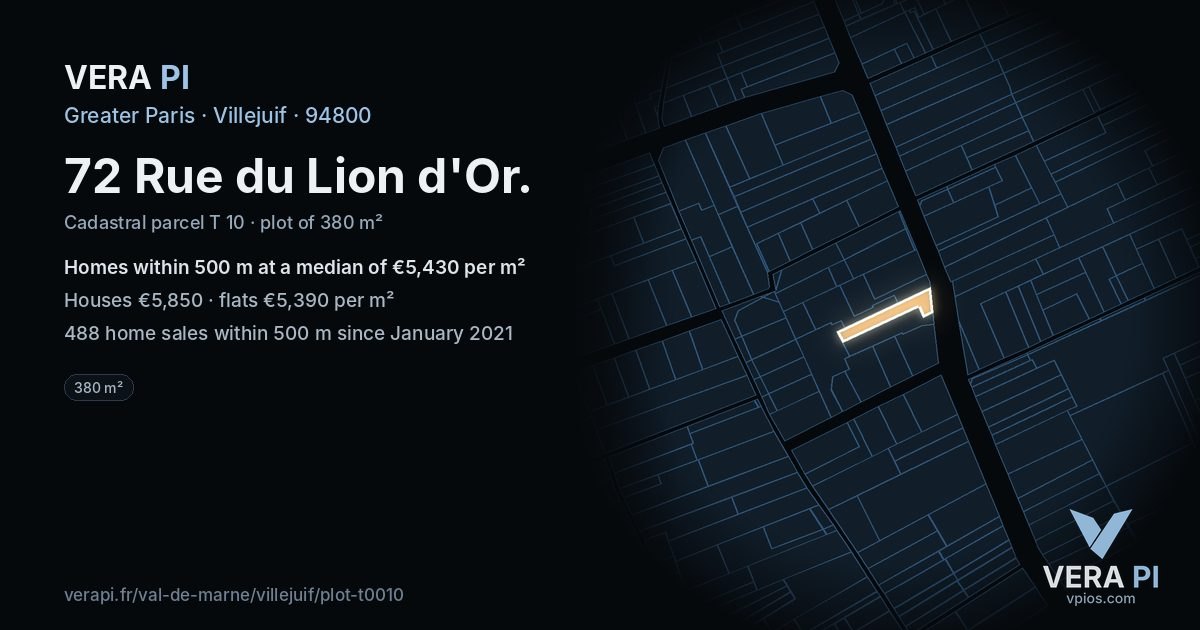 72 Rue du Lion d'Or, Villejuif at night – the plot lit, the parcels around coloured by the prices near them