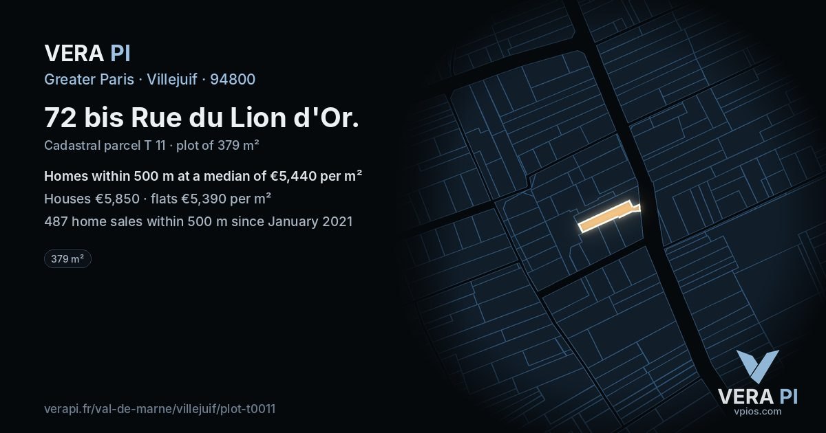 72 bis Rue du Lion d'Or, Villejuif at night – the plot lit, the parcels around coloured by the prices near them