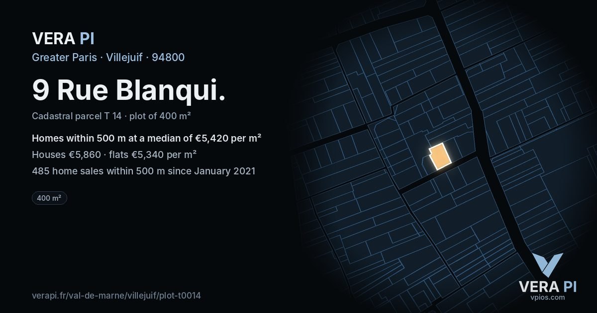 9 Rue Blanqui, Villejuif at night – the plot lit, the parcels around coloured by the prices near them