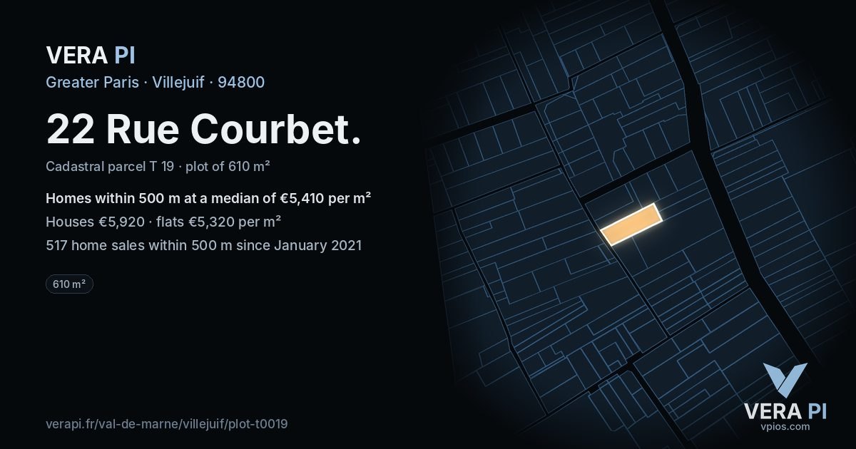 22 Rue Courbet, Villejuif at night – the plot lit, the parcels around coloured by the prices near them
