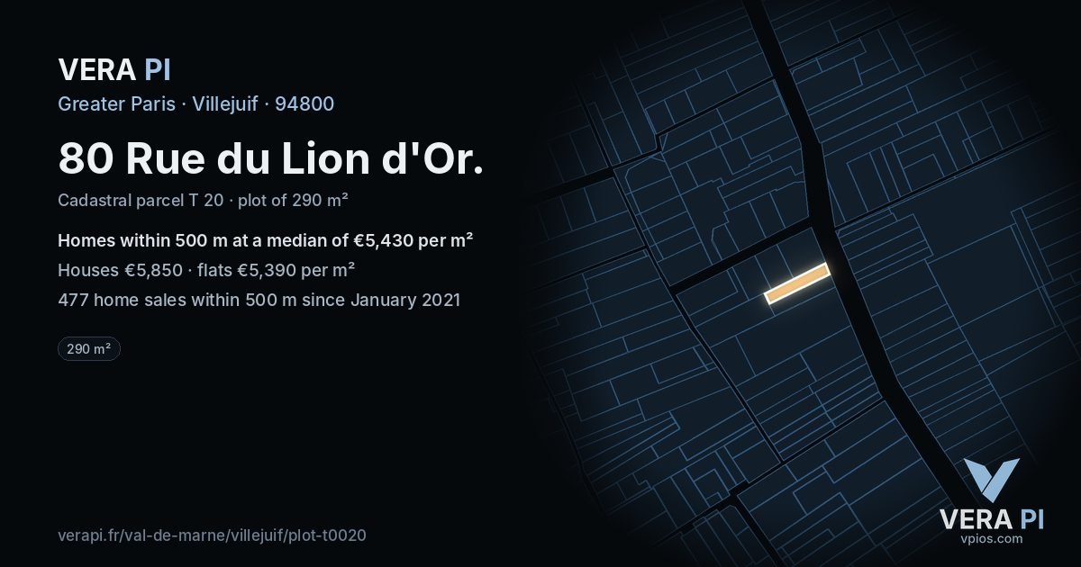 80 Rue du Lion d'Or, Villejuif at night – the plot lit, the parcels around coloured by the prices near them