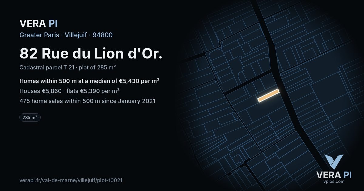 82 Rue du Lion d'Or, Villejuif at night – the plot lit, the parcels around coloured by the prices near them
