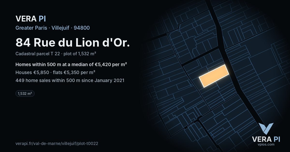 84 Rue du Lion d'Or, Villejuif at night – the plot lit, the parcels around coloured by the prices near them