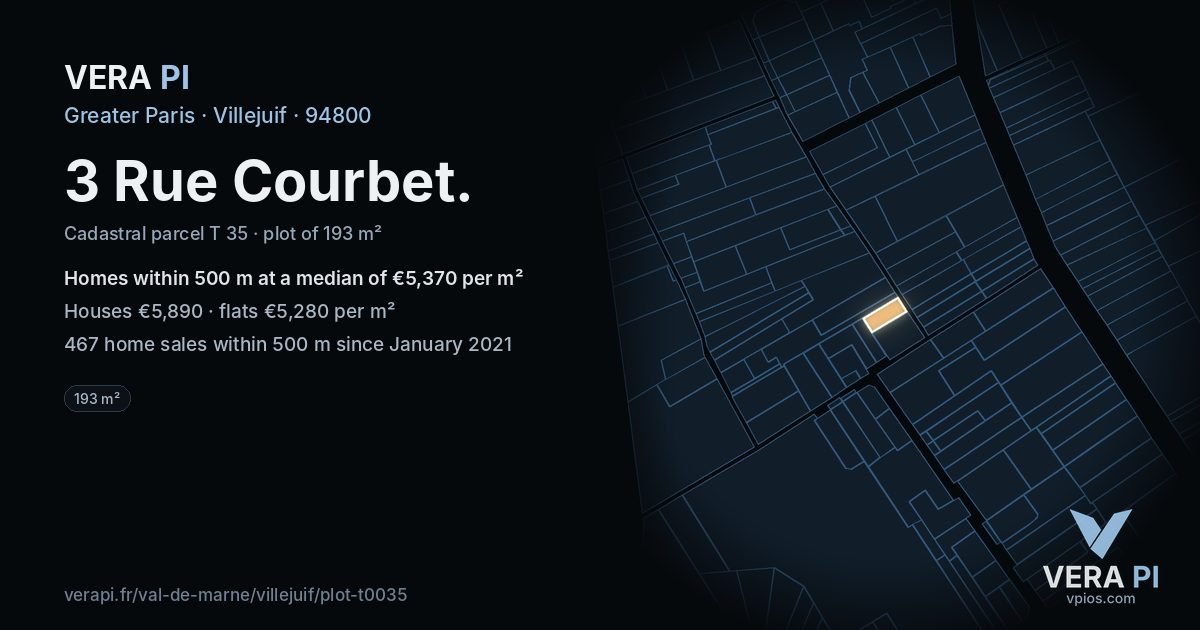 3 Rue Courbet, Villejuif at night – the plot lit, the parcels around coloured by the prices near them