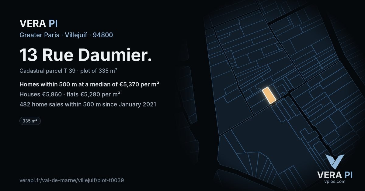 13 Rue Daumier, Villejuif at night – the plot lit, the parcels around coloured by the prices near them