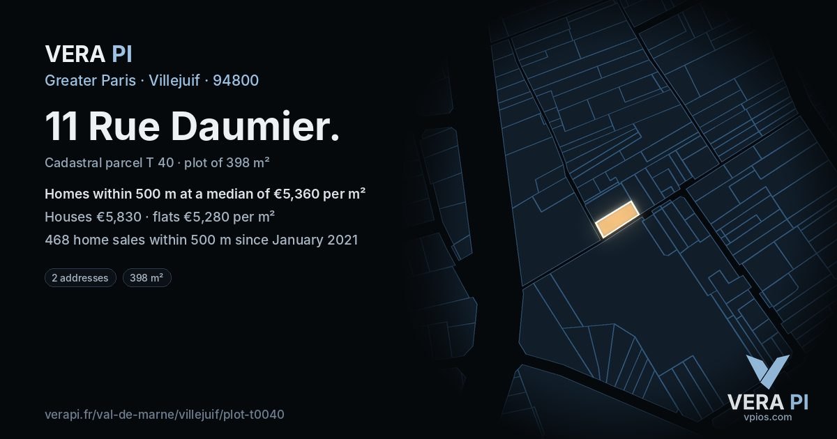 11 Rue Daumier, Villejuif at night – the plot lit, the parcels around coloured by the prices near them