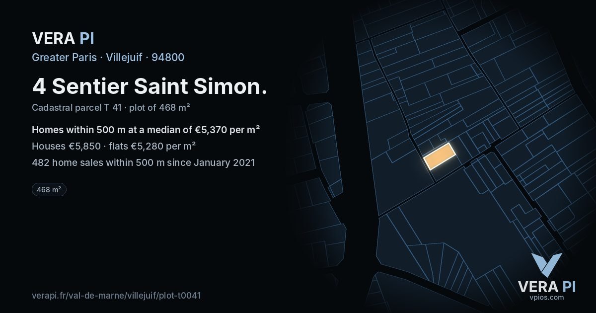 4 Sentier Saint Simon, Villejuif at night – the plot lit, the parcels around coloured by the prices near them