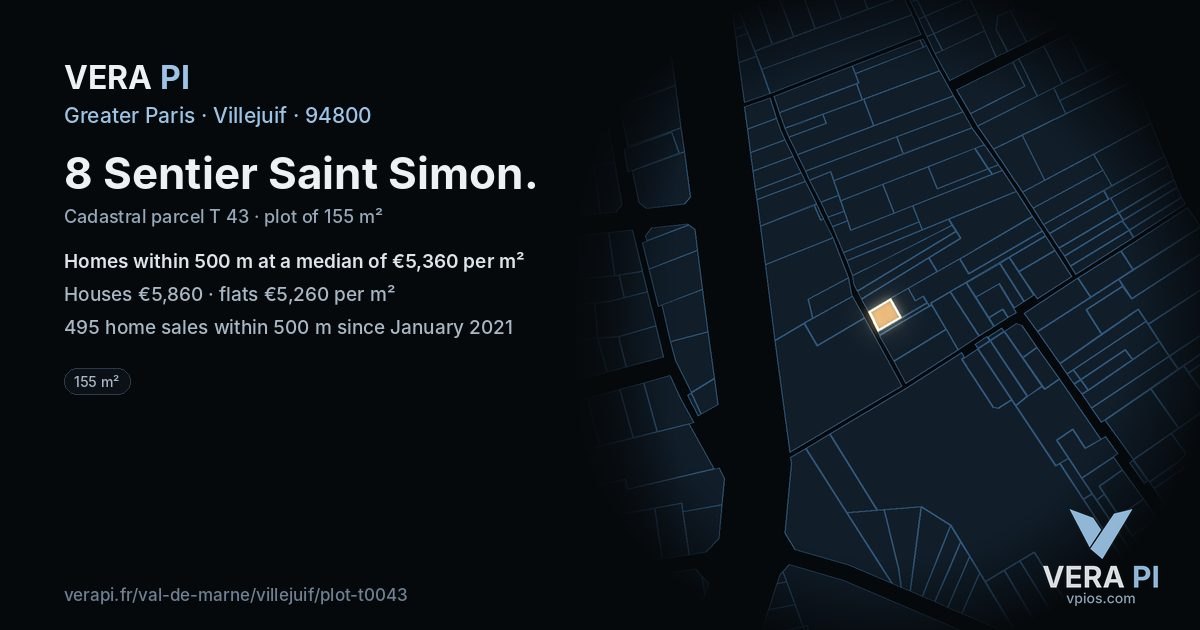 8 Sentier Saint Simon, Villejuif at night – the plot lit, the parcels around coloured by the prices near them