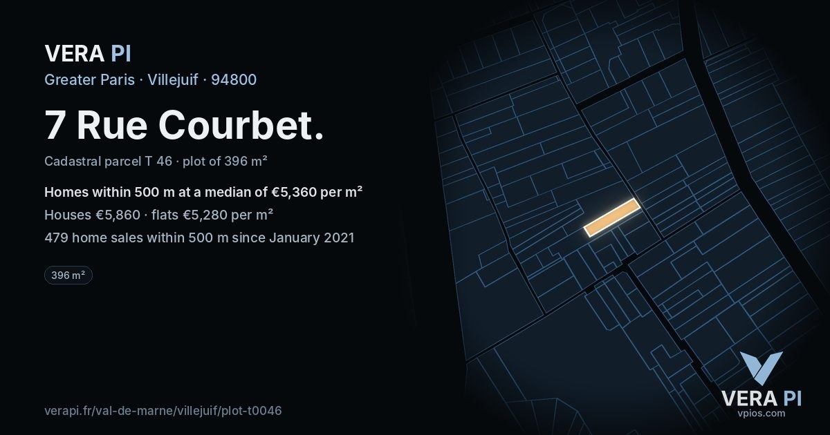 7 Rue Courbet, Villejuif at night – the plot lit, the parcels around coloured by the prices near them