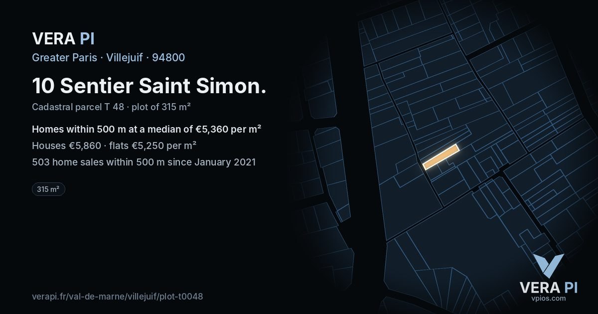 10 Sentier Saint Simon, Villejuif at night – the plot lit, the parcels around coloured by the prices near them