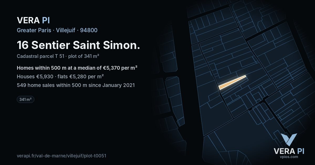 16 Sentier Saint Simon, Villejuif at night – the plot lit, the parcels around coloured by the prices near them